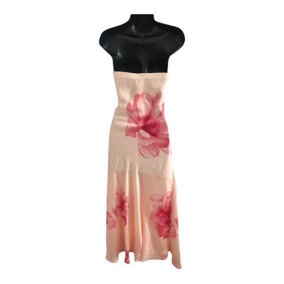 Trixxi peach pink flowers multi strapless satin effect maxi dress size large new - Picture 11 of 17